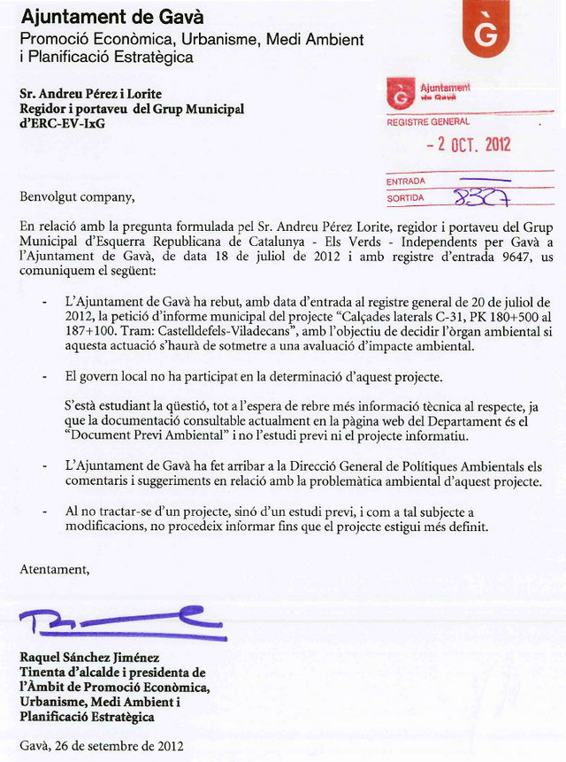 Resposta de l'Ajuntament de Gav a les preguntes d'ERC-Gav sobre el seu posicionament davant de l'estudi de calades laterals per l'autovia de Castelldefels (C-31) (26 Setembre 2012)
